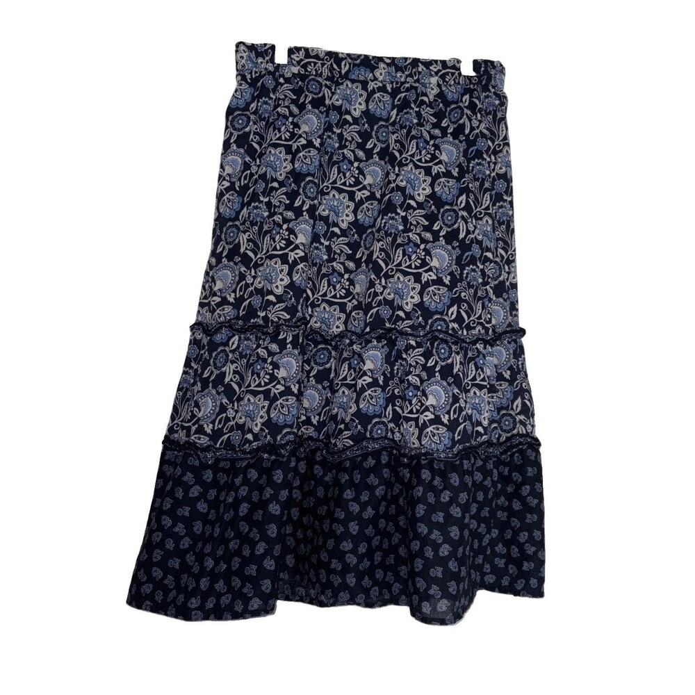 J.Jill Women's XSP Cotton Blue Patterned Skirt with Pull-On Flared Boho Artsy